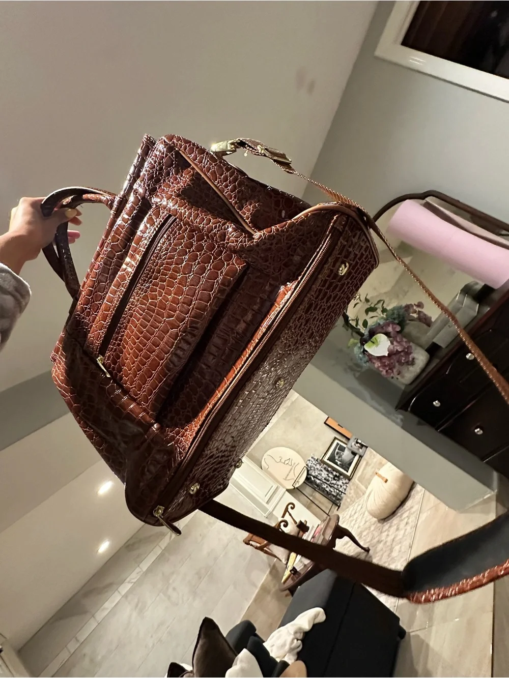 Brown Croc-Embossed Satchel Bag